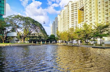 Suya yakın modern binaların alçak açılı görüntüsü