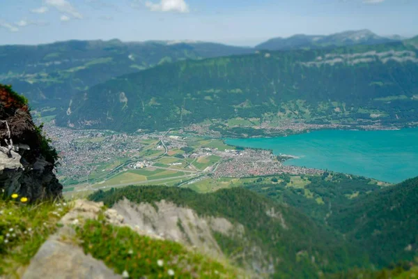 Aerial View Interlaken Lake Brienz Mountains Blurred Background — Stock Photo, Image