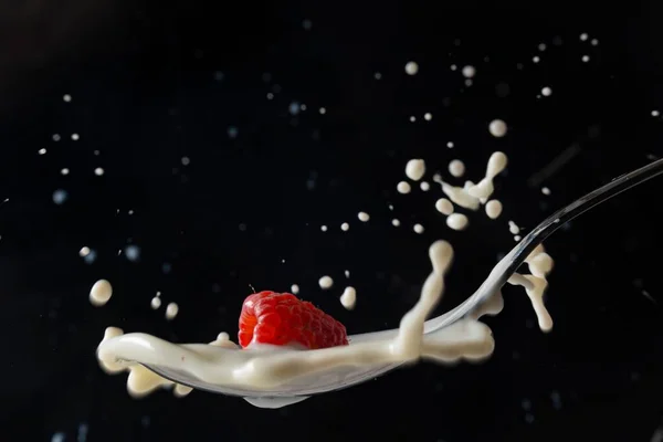 Raspberry Falls Milk Splash — Stock Photo, Image
