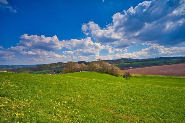 Une Vue Panoramique Champ Vert Rennsteig Sous Ciel Bleu Nuageux — Photo