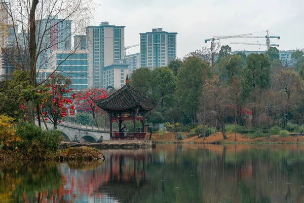 Bela Vista Lago Com Pequeno Pavilhão Chinês Costa — Fotografia de Stock