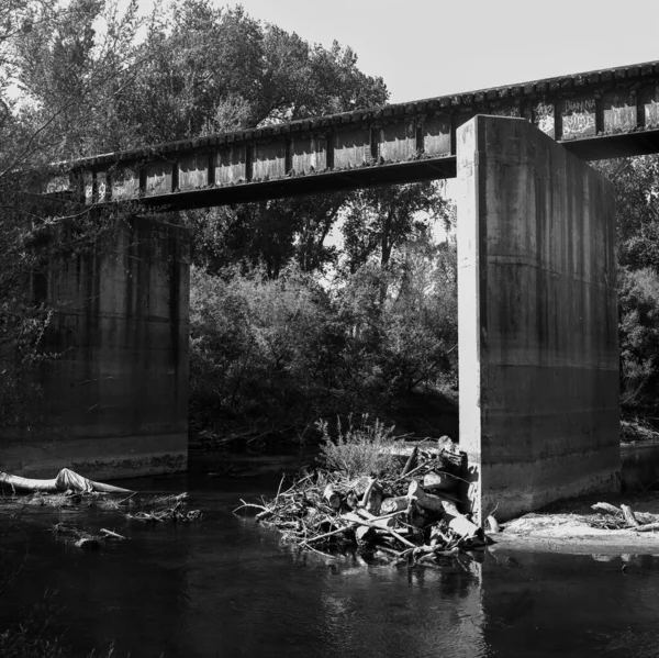 乡村河上一座桥的灰度照片 — 图库照片