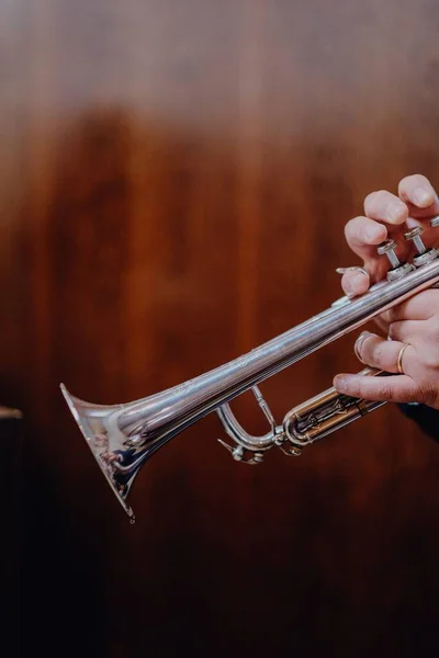 Een Verticaal Schot Van Een Persoon Die Trompet Speelt — Stockfoto