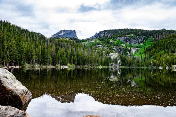 Malebný Výhled Jezero Lese Obklopeném Svěží Přírodou Zamračeném Pozadí Oblohy — Stock fotografie