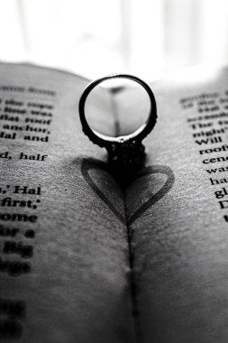 Kitabın üzerindeki bir yüzüğün dikey gri tonlu görüntüsü.