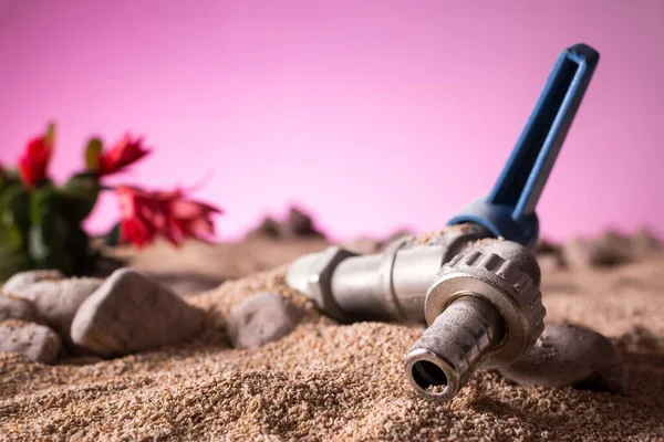 Close-up of a dry open faucet buried by desert sand with a succulent plant against a dry and menacing pink sky background