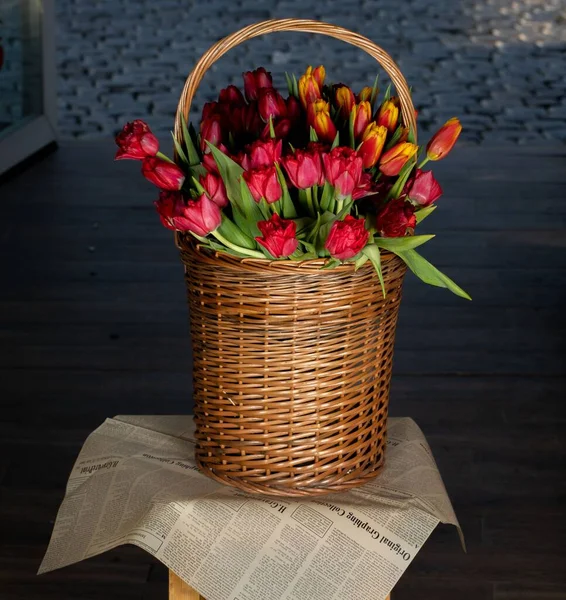 Bouquet Colorful Tulips Thatch Basket Newspaper Sheet — Stock Photo, Image
