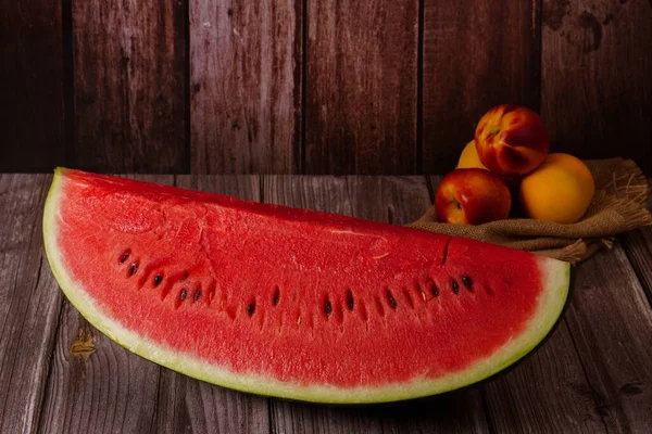 Close Portion Fresh Watermelon Fruit Wooden Table Background — Stock Photo, Image