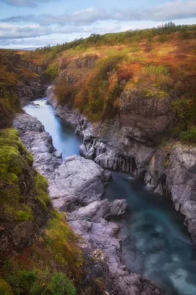 カラフルな草と美しい雲と川の峡谷の垂直ショット — ストック写真