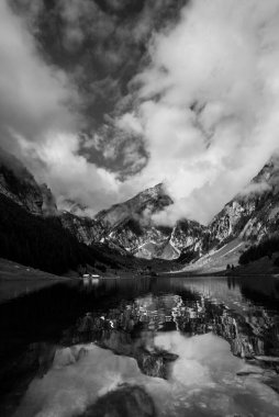 Tepeli bir gölün dikey gri tonda görüntüsü.