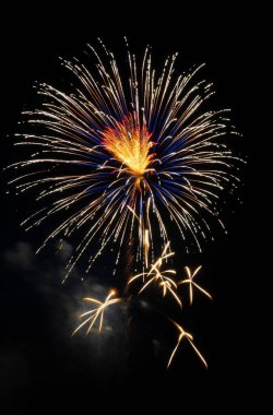 Karanlık bir gece gökyüzünde patlayan renkli havai fişeklerin dikey çekimi.