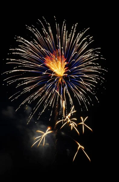 Eine Vertikale Aufnahme Explodierender Bunter Feuerwerkskörper Einem Dunklen Nachthimmel — Stockfoto