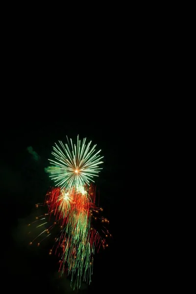 Een Verticaal Schot Van Kleurig Helder Vuurwerk Exploderende Binnen Avond — Stockfoto