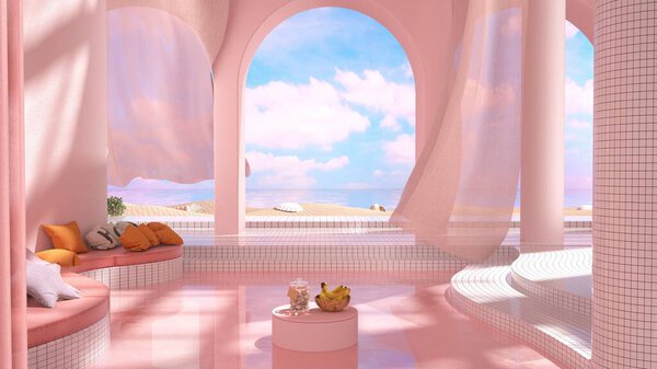 A 3D rendering of an pink dreamy interior design in digital art