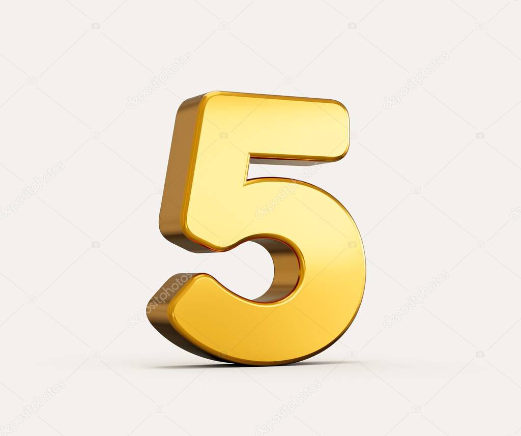 3d illustration of golden number 5 or three isolated on beige background with shadow. for web
