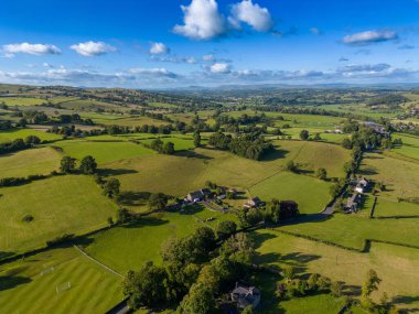 Kırsal kesimde yeşil ekili tarlalarla çevrili evleri kuş bakışı görmek
