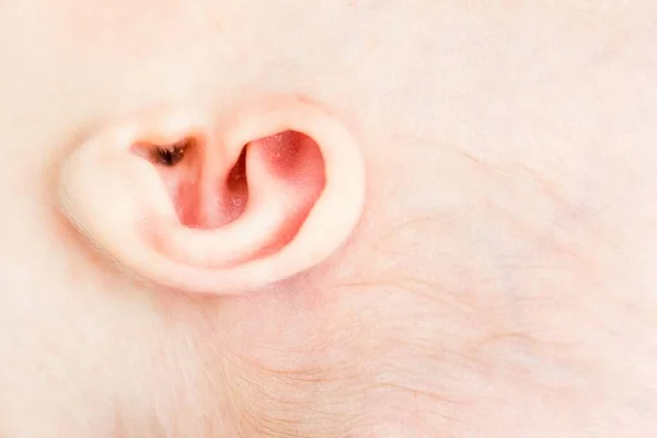 新生儿耳朵的特写 头上有一头金发 — 图库照片