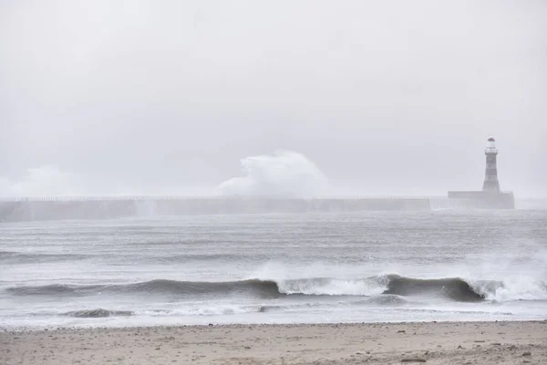 Deniz Kenarında Beyaz Bir Deniz Fenerinin Alçak Açılı Görüntüsü — Stok fotoğraf