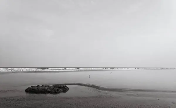 在晴朗的天空背景下 从海浪的海岸拍摄的灰度照片 — 图库照片