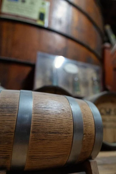 酒桶酒窖里的一桶垂直的酒桶 — 图库照片