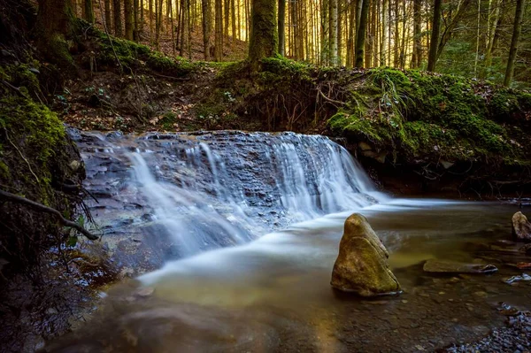 Uma Pequena Cachoeira Fluindo Sobre Rochas Floresta — Fotografia de Stock