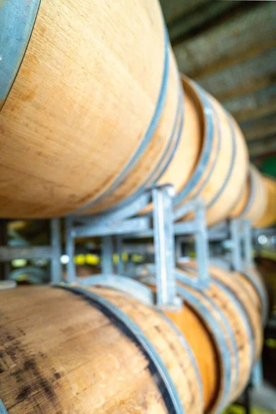 地下室でのワインの樽の垂直ショット — ストック写真