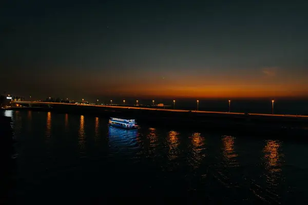 Scenic View Illuminated Ship Sea Beautiful Sunset — Stock Photo, Image