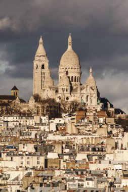 Paris 'teki Sacre Coeur Bazilikası' nın dikey çekimi binaların arkasında görülüyor.
