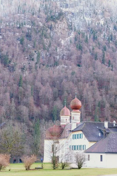 Vertikal Bild Bartholomew Kyrka Med Bergsskog Bakgrunden Tyskland — Stockfoto