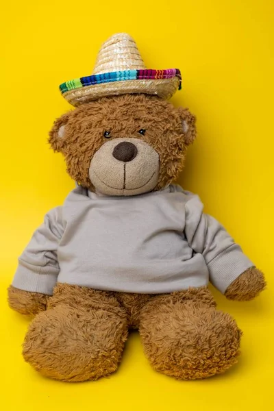 Cute Little Teddy Bear Sombrero Hat Adorable Brown Teddy Bear — Stock Photo, Image