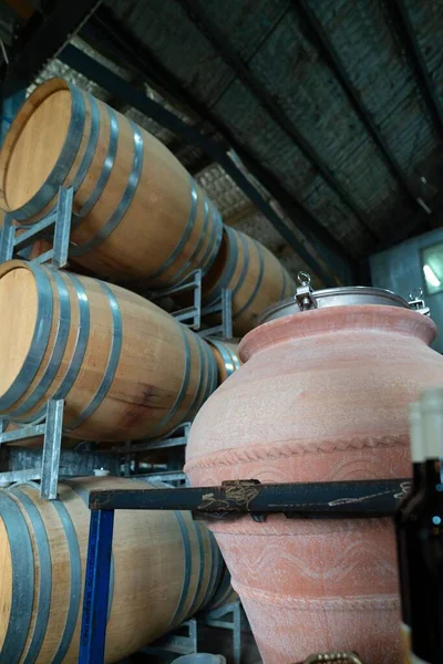 地下室でのワインの樽の垂直ショット — ストック写真