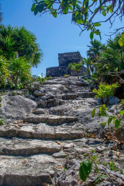 Tulum harabelerinin panoramik manzarası. Meksika 'da Quintana Roo Eyaleti.