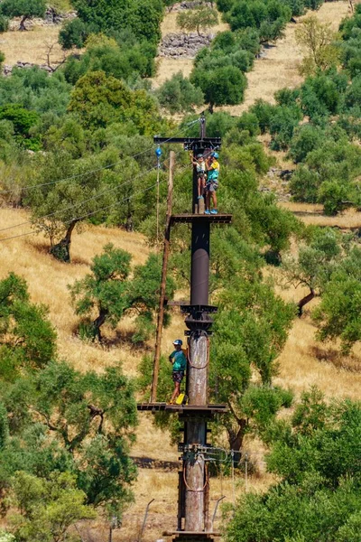 Zahara Cadiz Spain Workers Assembling Zip Line Lake Climbing Tower — Stock Photo, Image