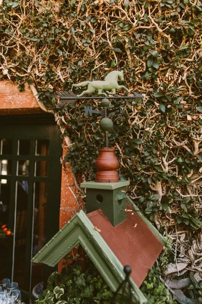 在常春藤墙前面有马指南针的鸟舍 — 图库照片
