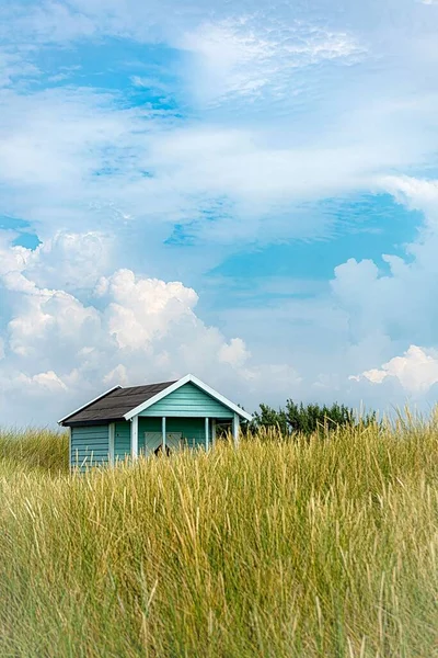 Een Verticaal Shot Van Kleine Hutten Achter Hoog Gras Skanor — Stockfoto