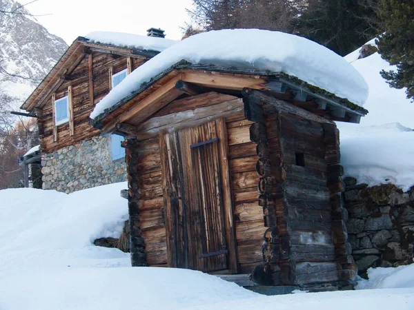 Заснеженные Деревянные Дома Лесу Зимой — стоковое фото