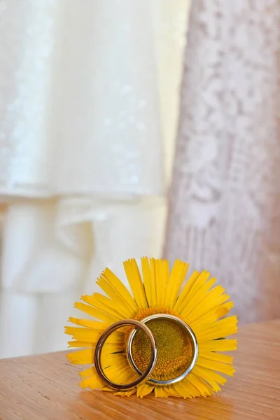 Tiro Vertical Anéis Casamento Uma Flor — Fotografia de Stock