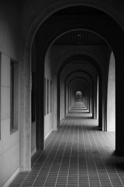 Kemerli Uzun Bir Koridorun Dikey Gri Tonlu Görüntüsü — Stok fotoğraf