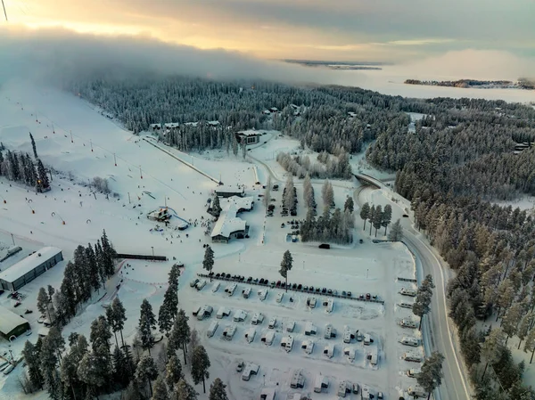 Vista Aérea Del Centro Esquí Vuokatti Tarde Invierno Finlandia — Foto de Stock