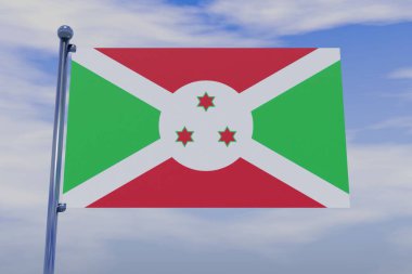 Burundi bayrağının bulutlu arkaplanlı bir bayrak direğinde üç boyutlu bir çizimi