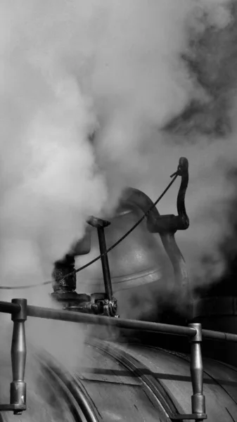 Ett Vertikalt Gråskaleskott Röken Från Ett Ånglok — Stockfoto