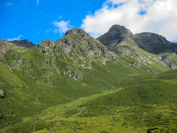 背景には高い峰々と青空が広がる緑の山々の美しいショット — ストック写真