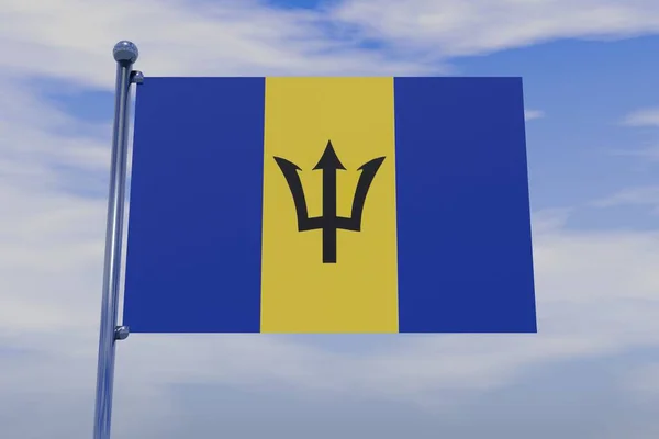 Una Ilustración Bandera Barbados Asta Bandera Con Cielo Nublado Fondo —  Fotos de Stock