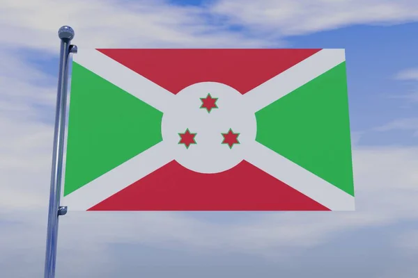 有云彩背景的旗杆上的布隆迪国旗的三维图像 — 图库照片