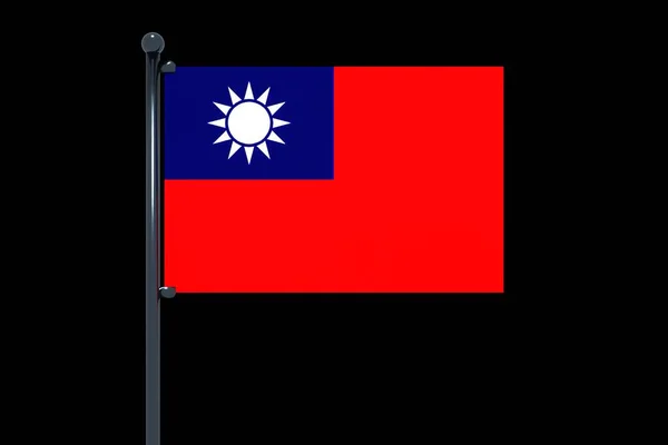 A 3D rendering of Taiwan flag with chrome flag pole with snap hooks on black background