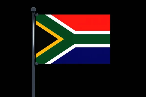 黒の背景にスナップフック付きクロームフラグポールと南アフリカのフラグの3Dレンダリング — ストック写真