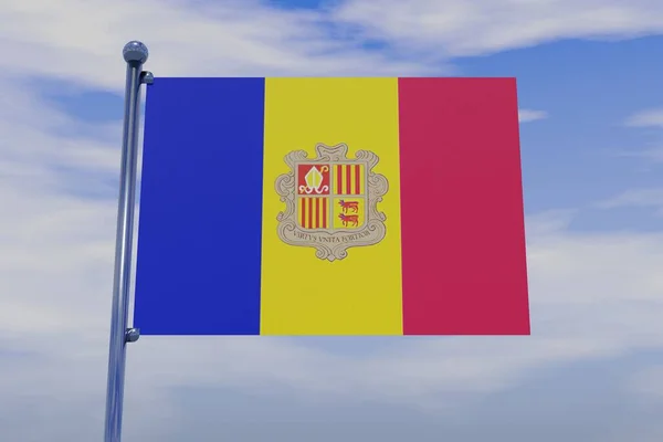 Bulutlu Bir Arka Plan Ile Bayrak Direğinde Andorra Bayrağının Boyutlu — Stok fotoğraf