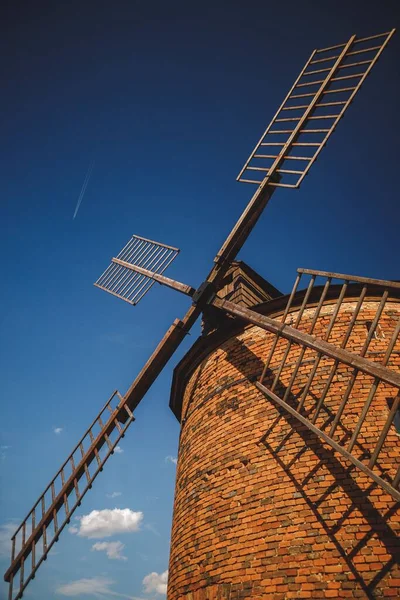Vertical Low Angle Shot Old Brick Windmill Fields Moravia Czech — Stock Photo, Image