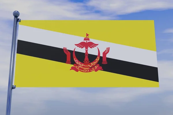 Illustration Flaggan Brunei Darussalam Flaggstång Med Molnig Himmel Bakgrunden — Stockfoto