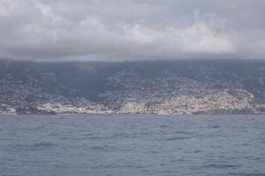 Portekiz, Madeira 'da bulutlu bir günde okyanus kenti Funchal' ın güzel bir manzarası.